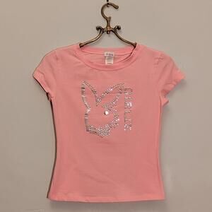 Y2K Baby Tee Pink Rhinestone Bunny Top - Vintage Playboy Inspired “Girlie”